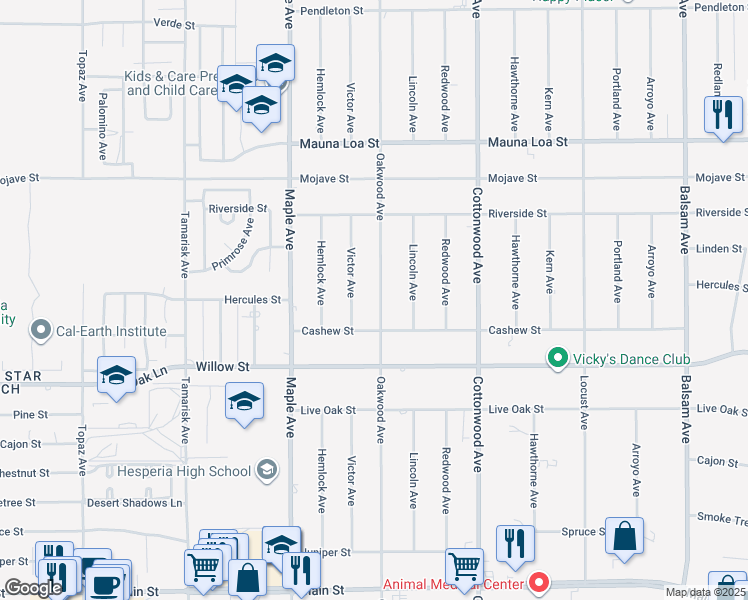 map of restaurants, bars, coffee shops, grocery stores, and more near 10268 Oakwood Avenue in Hesperia