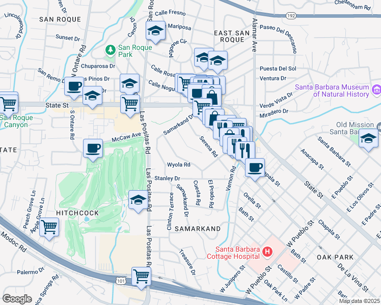 map of restaurants, bars, coffee shops, grocery stores, and more near 2931 Lomita Road in Santa Barbara