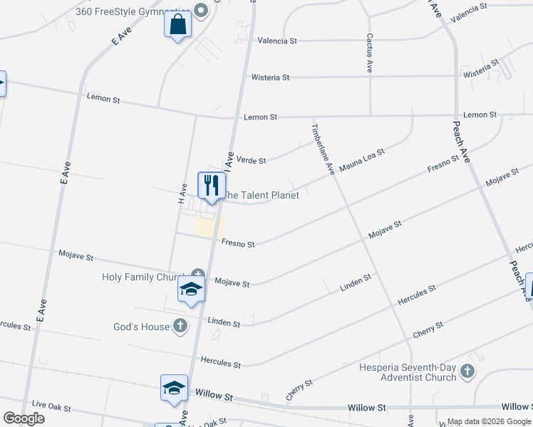 map of restaurants, bars, coffee shops, grocery stores, and more near 17755 Mauna Loa Street in Hesperia