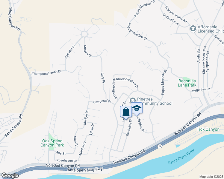 map of restaurants, bars, coffee shops, grocery stores, and more near 29253 Snapdragon Place in Santa Clarita