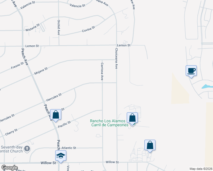 map of restaurants, bars, coffee shops, grocery stores, and more near 10208 Choiceana Avenue in Hesperia