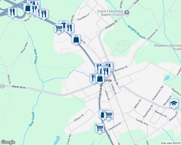 map of restaurants, bars, coffee shops, grocery stores, and more near 55 Brookwood Drive in Lavonia