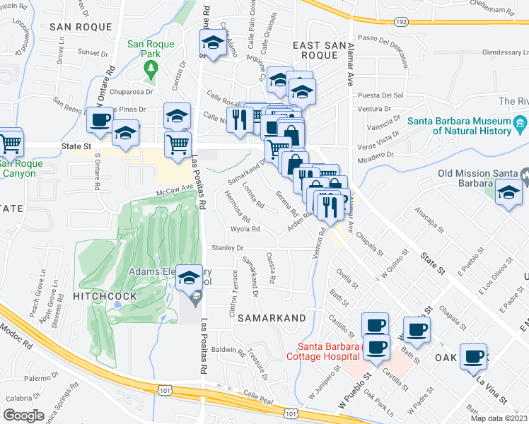 map of restaurants, bars, coffee shops, grocery stores, and more near 2931 Lomita Road in Santa Barbara