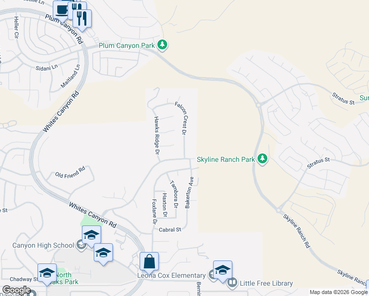 map of restaurants, bars, coffee shops, grocery stores, and more near 28329 Falcon Crest Drive in Santa Clarita