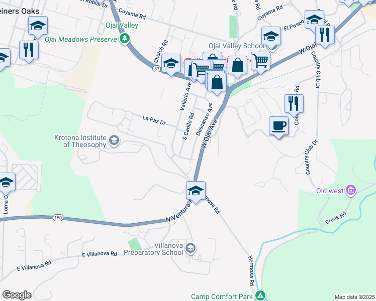 map of restaurants, bars, coffee shops, grocery stores, and more near 430 South Carillo Road in Ojai