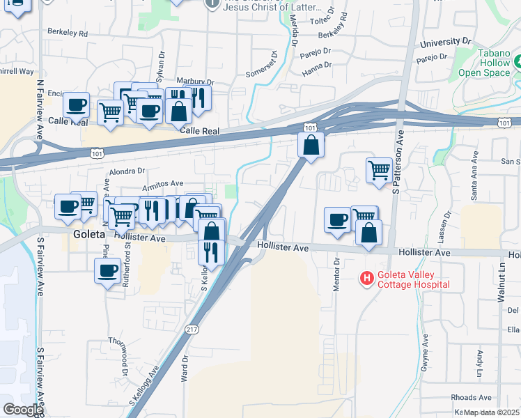 map of restaurants, bars, coffee shops, grocery stores, and more near Dearborn Place in Goleta