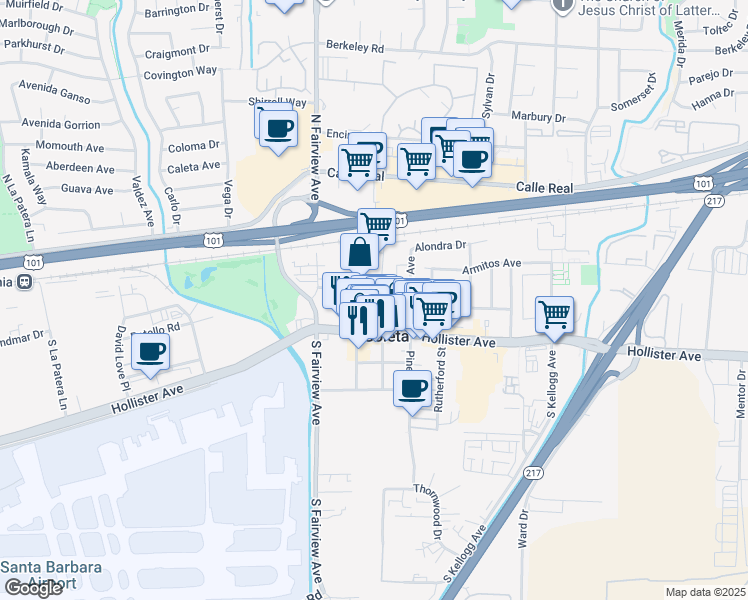 map of restaurants, bars, coffee shops, grocery stores, and more near 120 Magnolia Avenue in Goleta