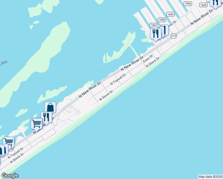 map of restaurants, bars, coffee shops, grocery stores, and more near 1205 North Shore Drive in Surf City
