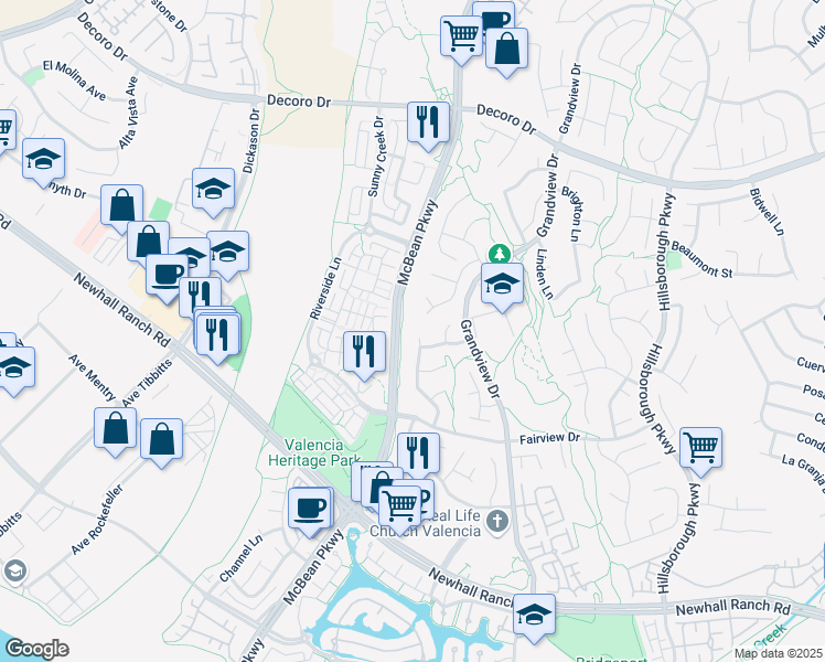 map of restaurants, bars, coffee shops, grocery stores, and more near 27389 Parklane Way in Santa Clarita