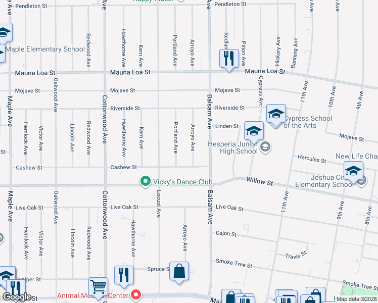 map of restaurants, bars, coffee shops, grocery stores, and more near 10262 Arroyo Avenue in Hesperia