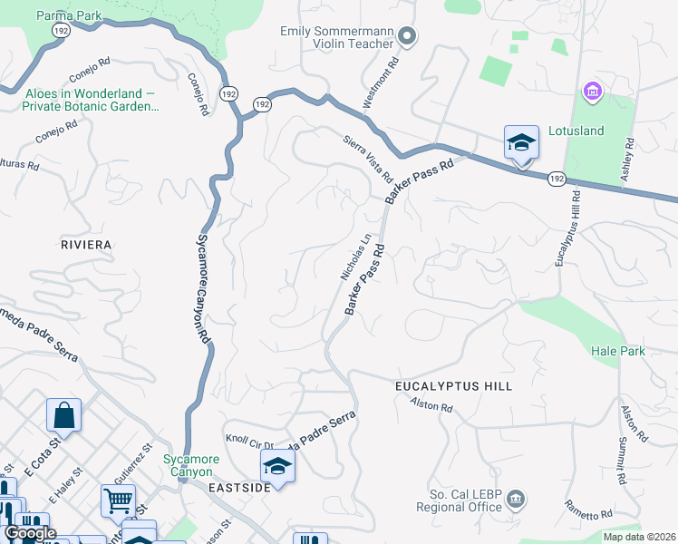 map of restaurants, bars, coffee shops, grocery stores, and more near 425 Nicholas Lane in Montecito