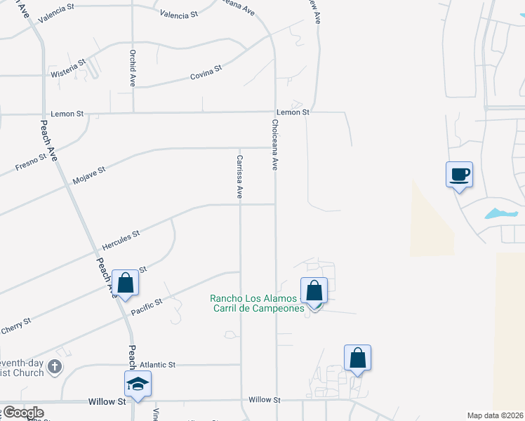 map of restaurants, bars, coffee shops, grocery stores, and more near 10208 Choiceana Avenue in Hesperia