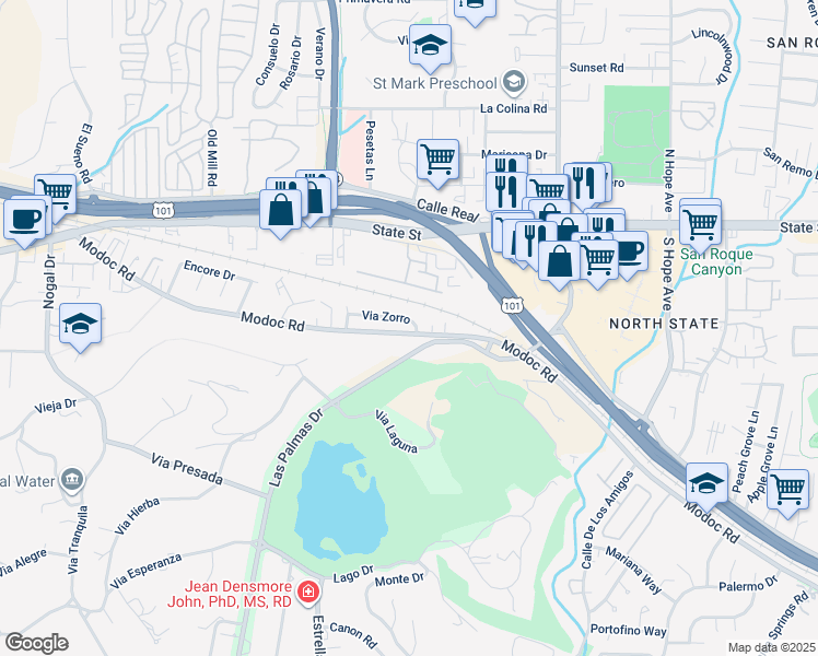 map of restaurants, bars, coffee shops, grocery stores, and more near 4033 Via Zorro in Santa Barbara