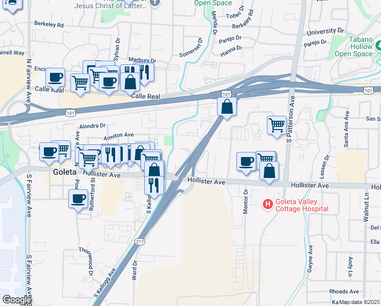 map of restaurants, bars, coffee shops, grocery stores, and more near Dearborn Place in Goleta