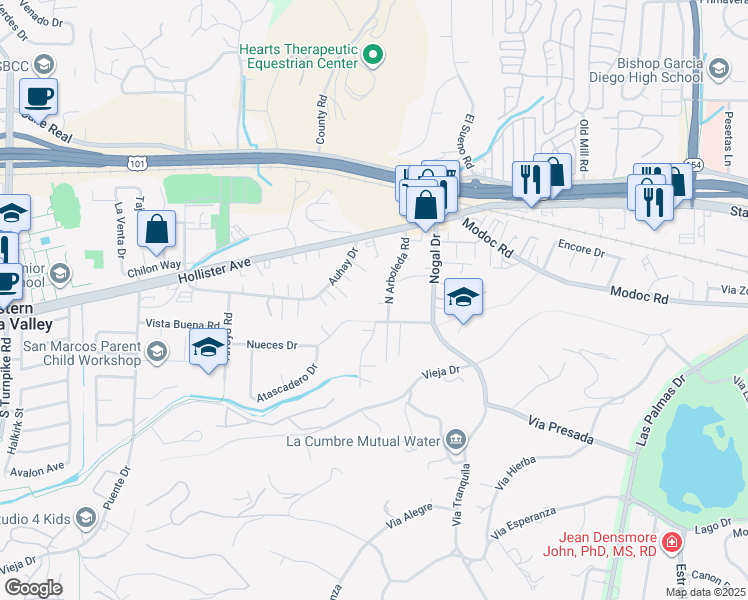 map of restaurants, bars, coffee shops, grocery stores, and more near 245 Arboleda Road in Santa Barbara