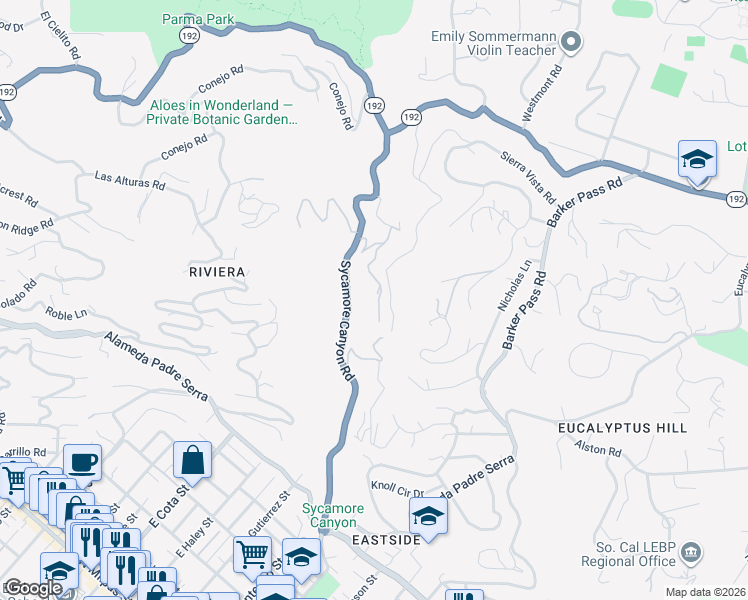 map of restaurants, bars, coffee shops, grocery stores, and more near 1600 Sycamore Canyon Road in Montecito