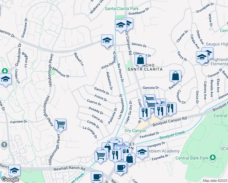 map of restaurants, bars, coffee shops, grocery stores, and more near 27012 Alabastro Drive in Santa Clarita
