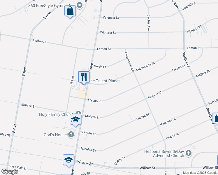 map of restaurants, bars, coffee shops, grocery stores, and more near 17755 Mauna Loa Street in Hesperia