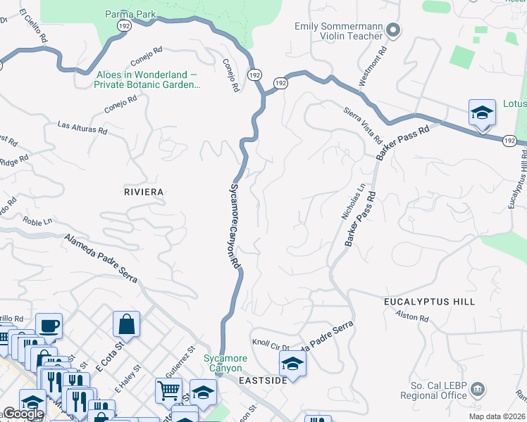 map of restaurants, bars, coffee shops, grocery stores, and more near 1600 Sycamore Canyon Road in Montecito