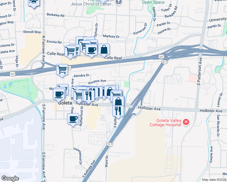 map of restaurants, bars, coffee shops, grocery stores, and more near in Goleta