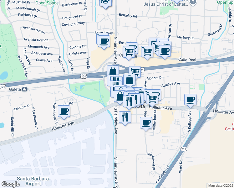 map of restaurants, bars, coffee shops, grocery stores, and more near in Goleta