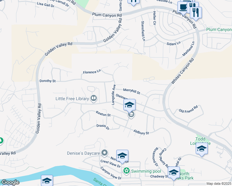 map of restaurants, bars, coffee shops, grocery stores, and more near 19857 Steinway Street in Santa Clarita