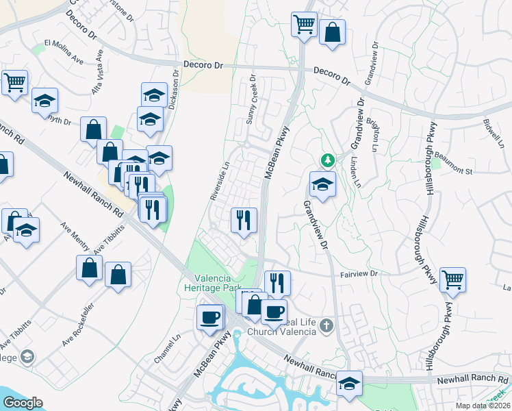 map of restaurants, bars, coffee shops, grocery stores, and more near 27386 Dearborn Drive in Santa Clarita