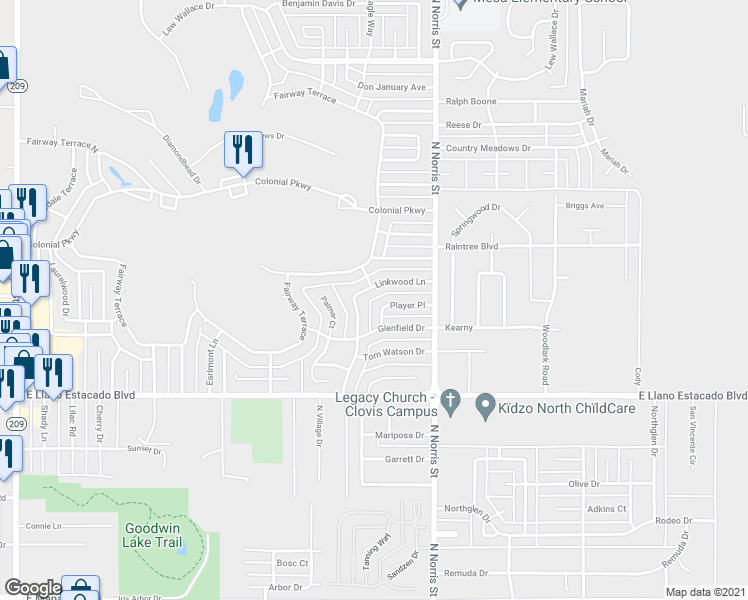 map of restaurants, bars, coffee shops, grocery stores, and more near 3704 Player Place in Clovis