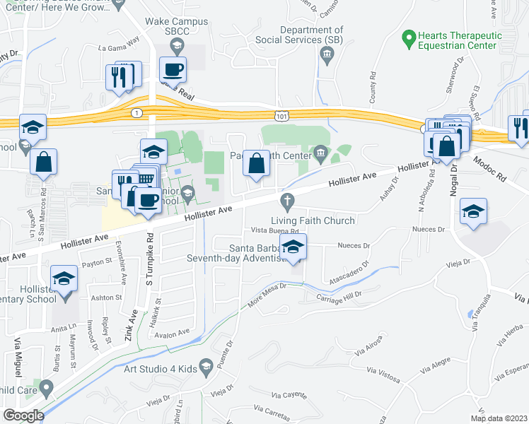 map of restaurants, bars, coffee shops, grocery stores, and more near 4623 Hollister Avenue in Santa Barbara