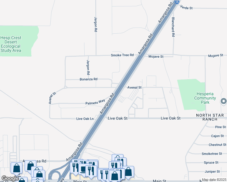 map of restaurants, bars, coffee shops, grocery stores, and more near Amargosa Road in Victorville