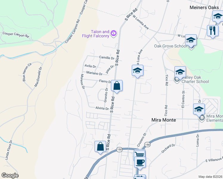 map of restaurants, bars, coffee shops, grocery stores, and more near 1053 South Rice Road in Ojai