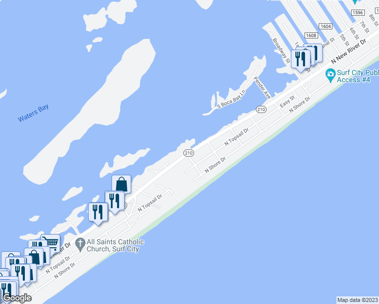 map of restaurants, bars, coffee shops, grocery stores, and more near 1104 North New River Drive in Surf City