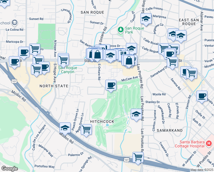 map of restaurants, bars, coffee shops, grocery stores, and more near 155 South Ontare Road in Santa Barbara