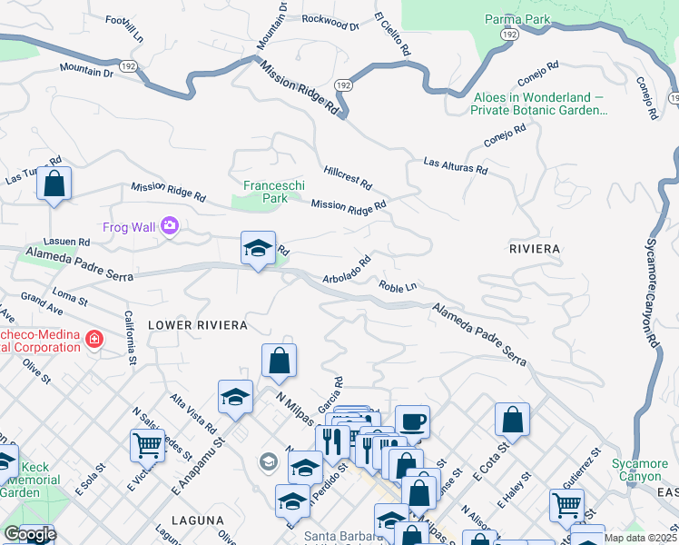 map of restaurants, bars, coffee shops, grocery stores, and more near 1112 Arbolado Road in Santa Barbara