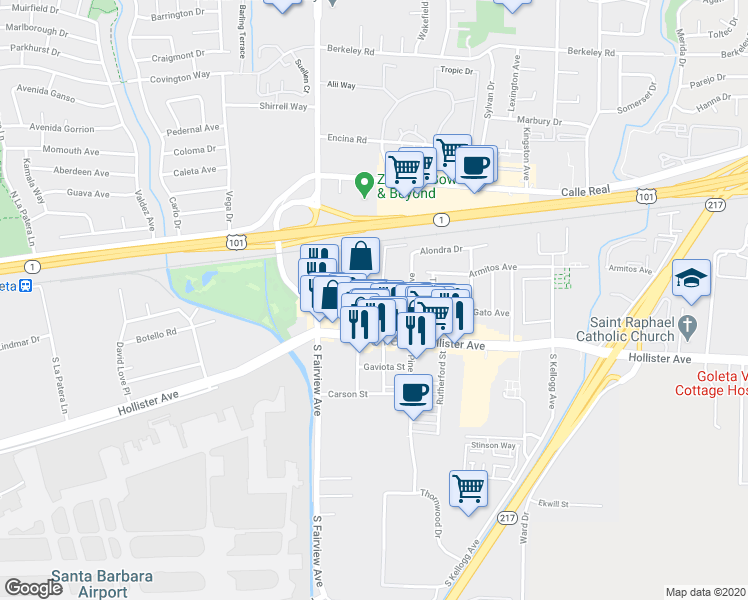 map of restaurants, bars, coffee shops, grocery stores, and more near 5859 Mandarin Drive in Goleta