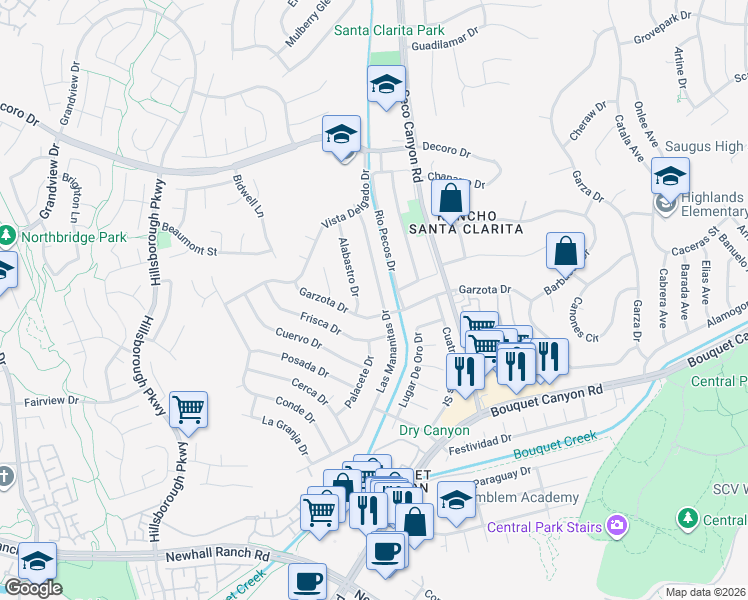 map of restaurants, bars, coffee shops, grocery stores, and more near 26947 Las Mananitas Drive in Santa Clarita