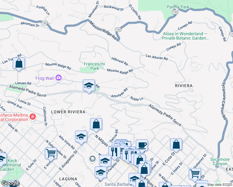 map of restaurants, bars, coffee shops, grocery stores, and more near 1112 Arbolado Road in Santa Barbara