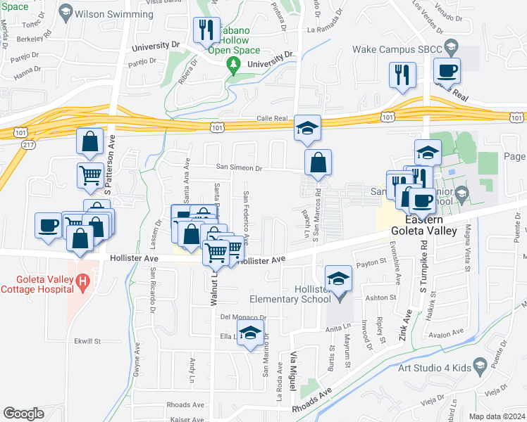 map of restaurants, bars, coffee shops, grocery stores, and more near 5050 Hollister Avenue in Santa Barbara