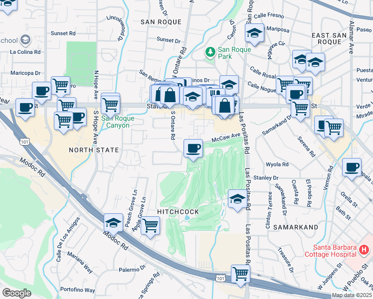map of restaurants, bars, coffee shops, grocery stores, and more near 155 South Ontare Road in Santa Barbara