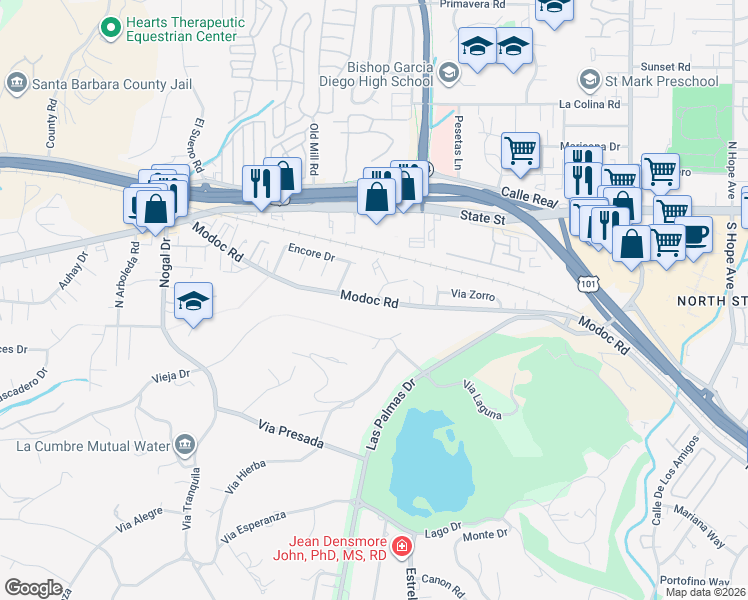 map of restaurants, bars, coffee shops, grocery stores, and more near 4136 Modoc Road in Santa Barbara