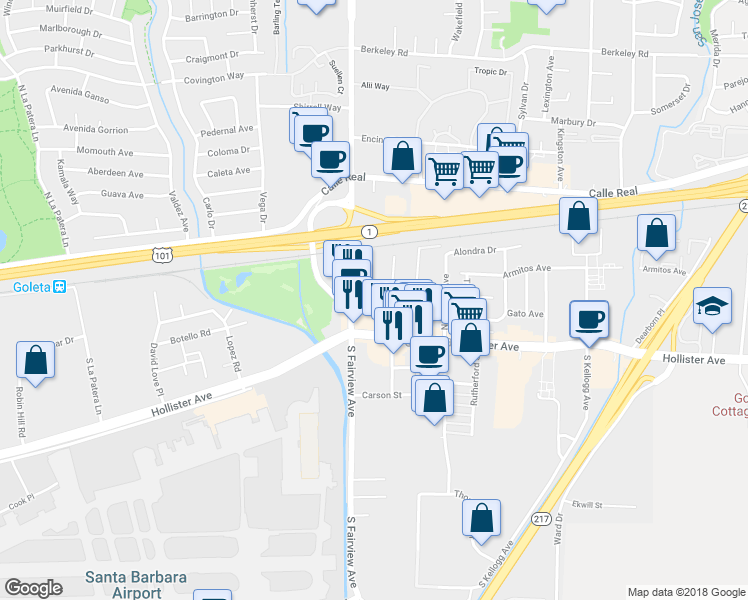 map of restaurants, bars, coffee shops, grocery stores, and more near 124 Orange Avenue in Goleta