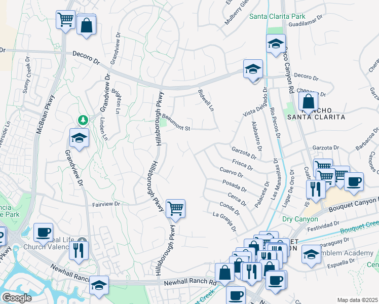 map of restaurants, bars, coffee shops, grocery stores, and more near 27139 Vista Encantada Drive in Santa Clarita