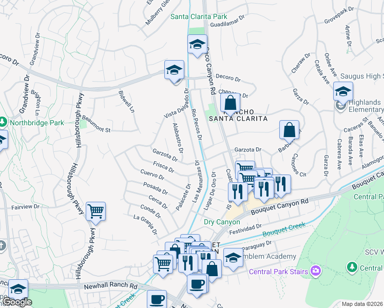 map of restaurants, bars, coffee shops, grocery stores, and more near 26947 Las Mananitas Drive in Santa Clarita