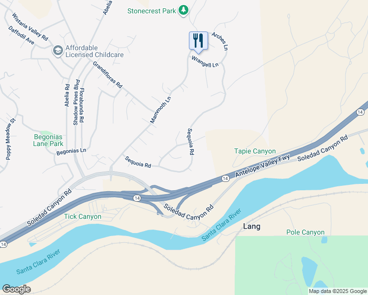 map of restaurants, bars, coffee shops, grocery stores, and more near 14218 Yellowstone Lane in Santa Clarita