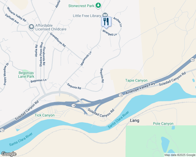 map of restaurants, bars, coffee shops, grocery stores, and more near 14218 Yellowstone Lane in Santa Clarita