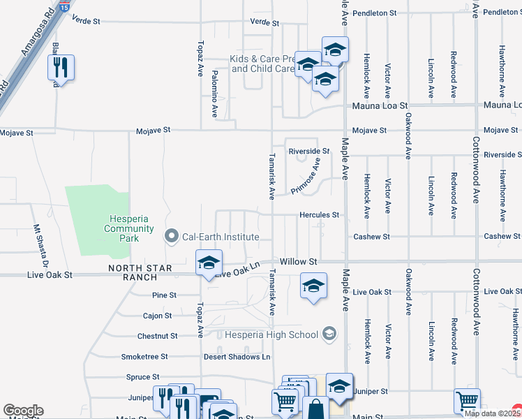 map of restaurants, bars, coffee shops, grocery stores, and more near 10271 Jennifer Street in Hesperia