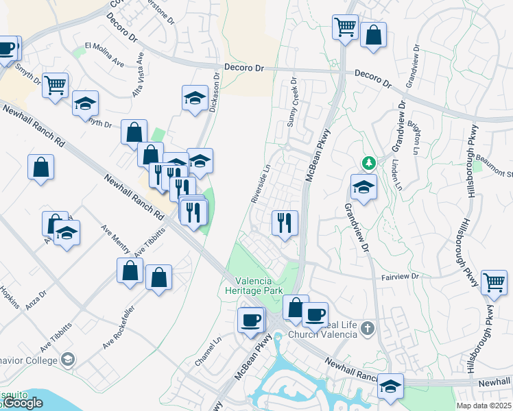 map of restaurants, bars, coffee shops, grocery stores, and more near 24098 Stone Creek Drive in Santa Clarita