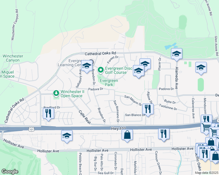 map of restaurants, bars, coffee shops, grocery stores, and more near 7509 Padova Drive in Goleta