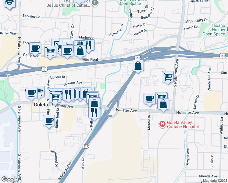 map of restaurants, bars, coffee shops, grocery stores, and more near 109 Armitos Avenue in Goleta