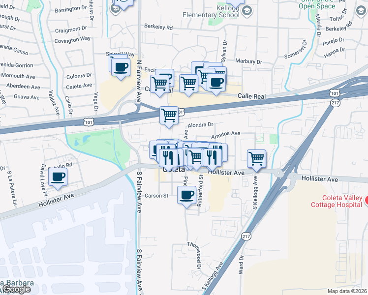 map of restaurants, bars, coffee shops, grocery stores, and more near 121 Tecolote Avenue in Goleta